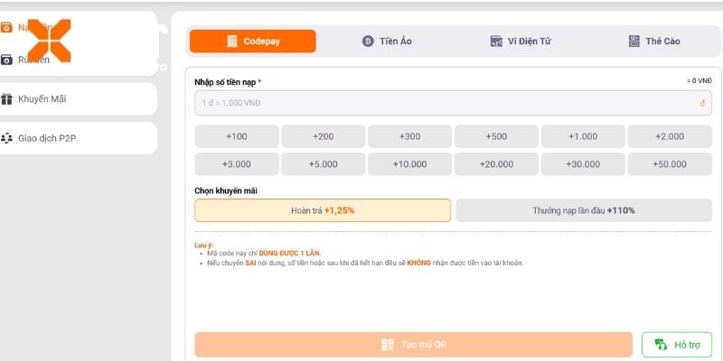 Điều kiện thực hiện nạp tiền XIBET